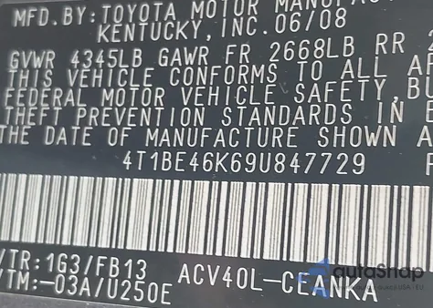 2009 Toyota Camry Le from USA, damaged, VIN 4T1BE46K69U847729